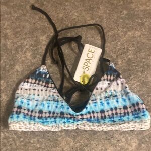 l*space Blue and Black Triangle Bikini Top with Bohemian Stripes